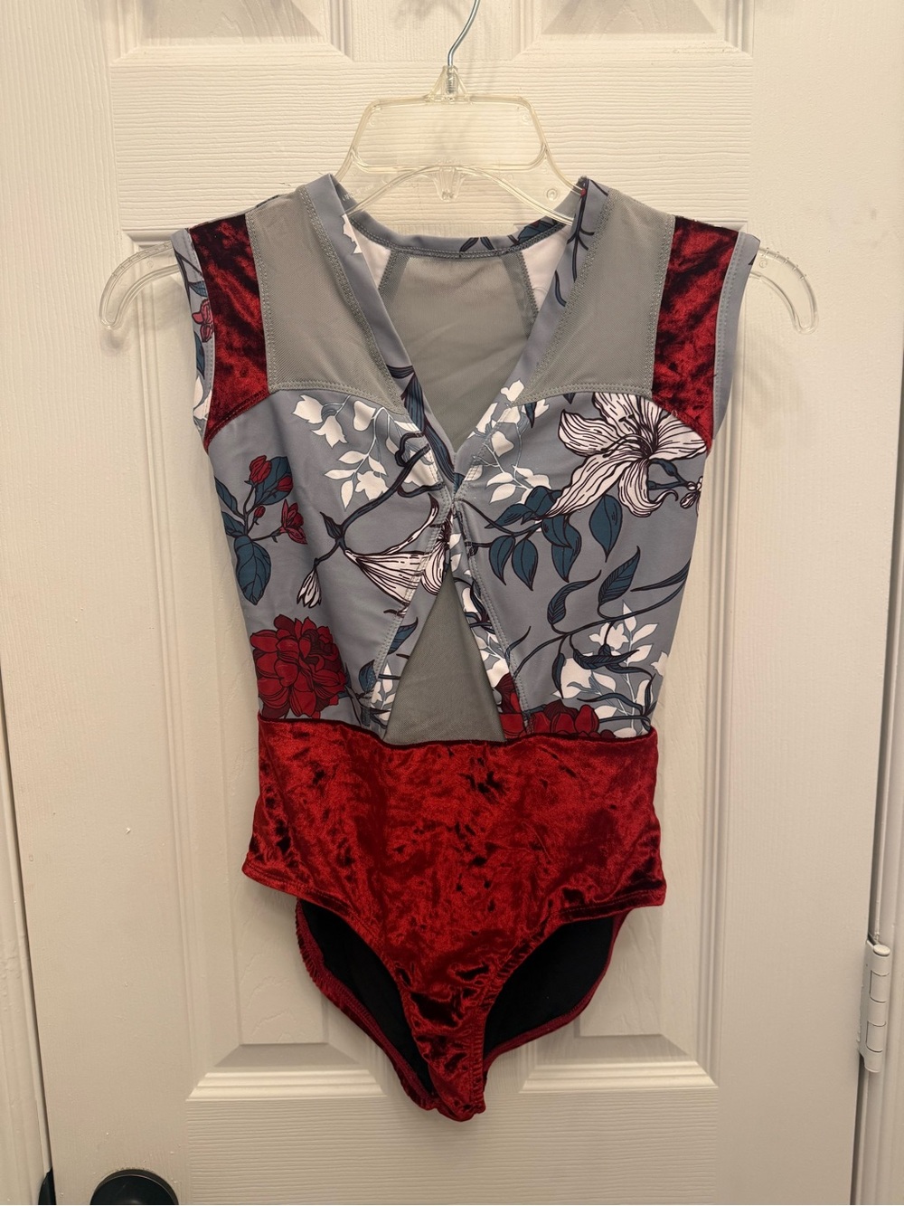 Girls' Floral Velvet Red & Gray Dance Bandeau Costume child large